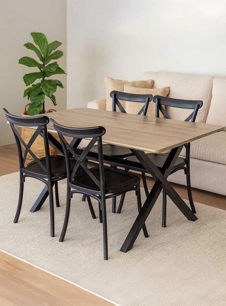Juego de comedor Vermont 4 sillas crossback negras 160 x 90 x 77 cm