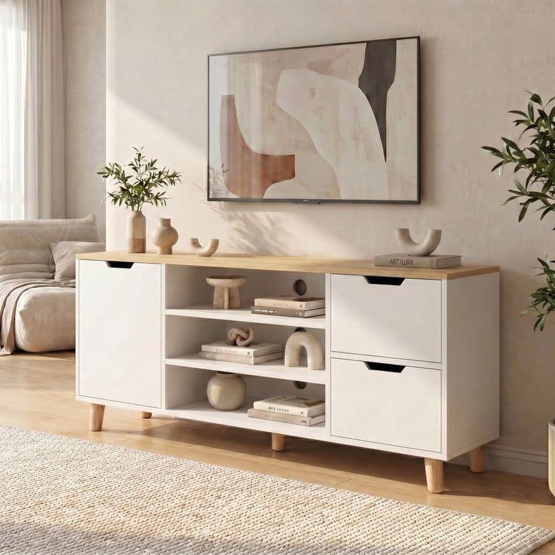 Rack Tv 120x30x55cm 2 Tiras 1 Puerta Melamina Homer Design Cafe Claro