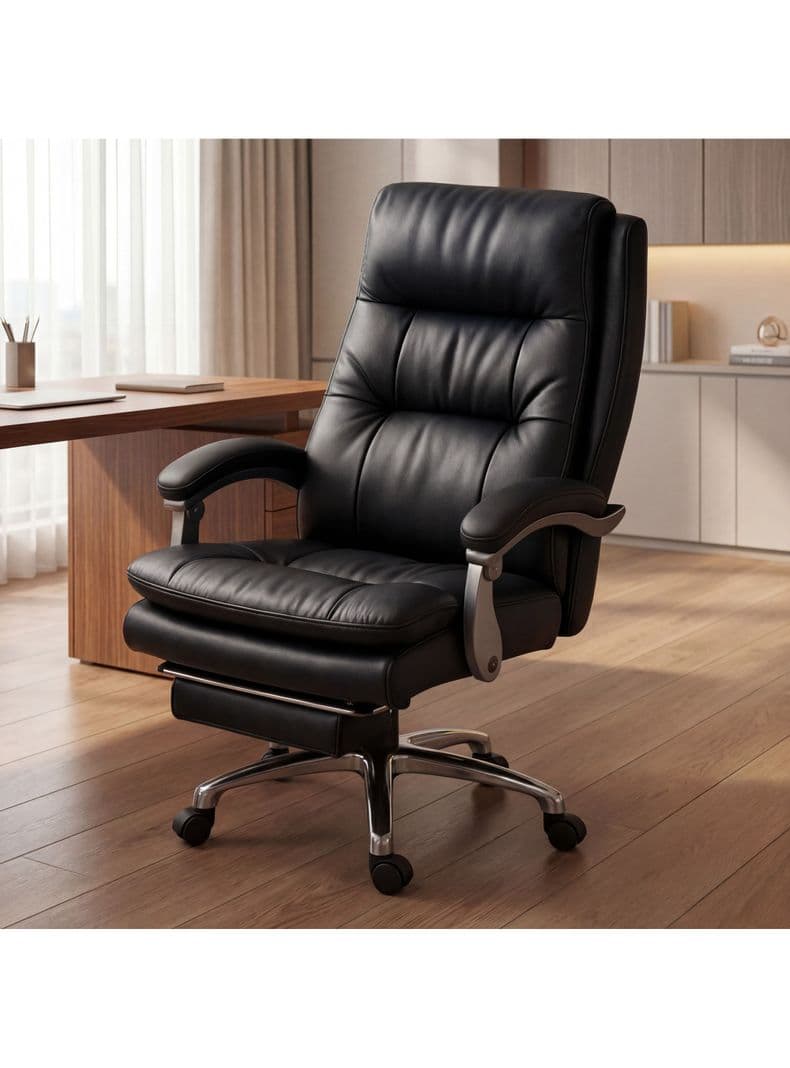 Silla Oficina Gerencial Asiento De Cuero Pata Acero Premium Negro Cuero