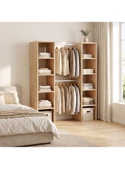 Closet Abierto 120x30x160 Cm Con 2 Barras Y 10 Espacios Madera Clara Cafe Claro