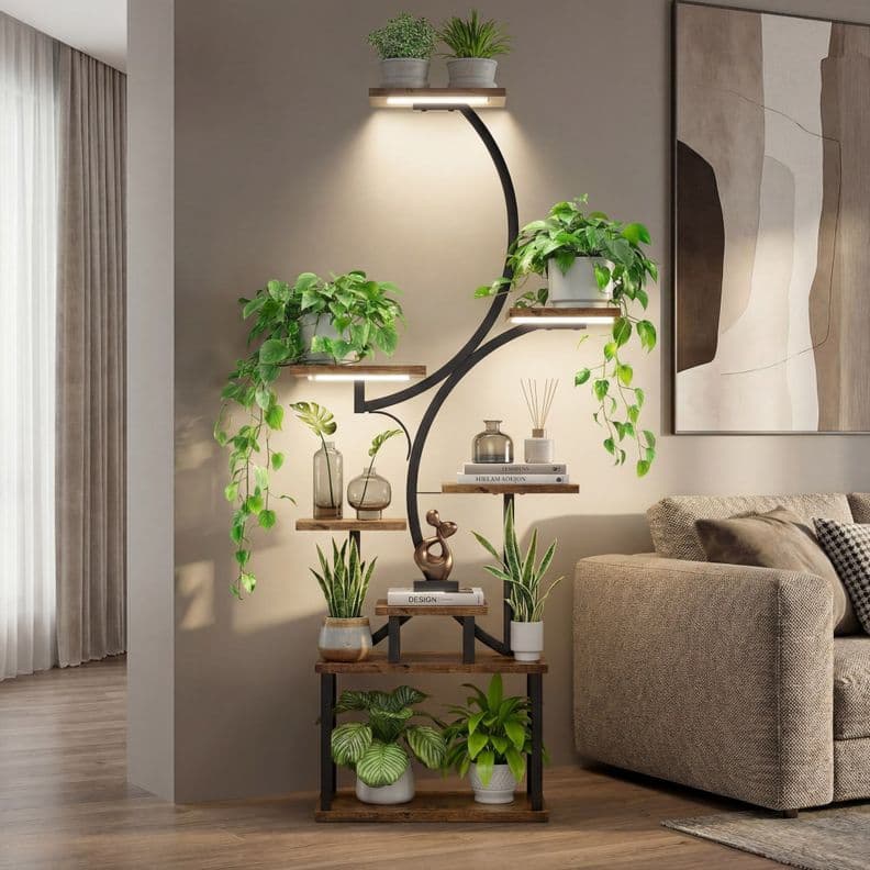 Organizador Repisa Decoracion Estante Planta Librero Con Luz Marron