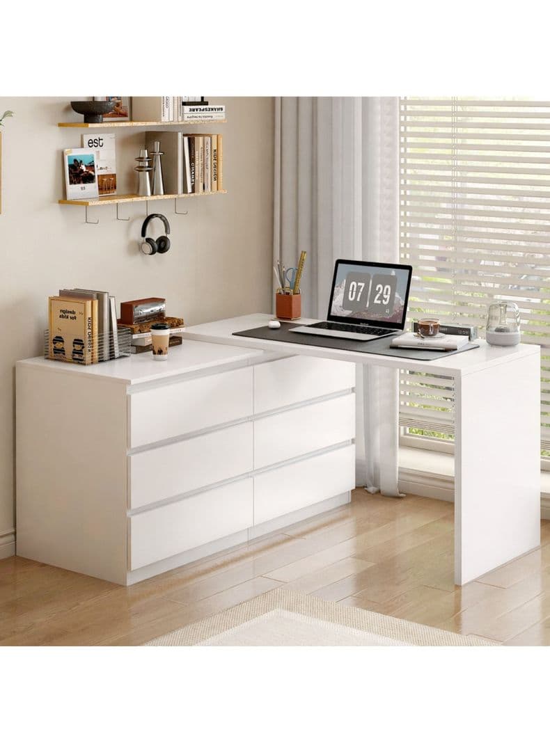 Escritorio Convertible En L+comoda 120x40x70+120x40x68cm Blanco
