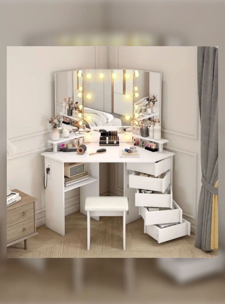 Tocador Esquinero Profesional Led Hollywood Enchufe Taburete Blanco