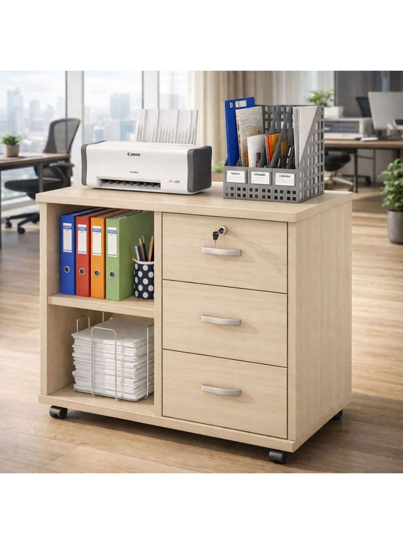 Mueble De Oficina Cajonera Archivador Llave Con Rueda 60cm Arce Blanco