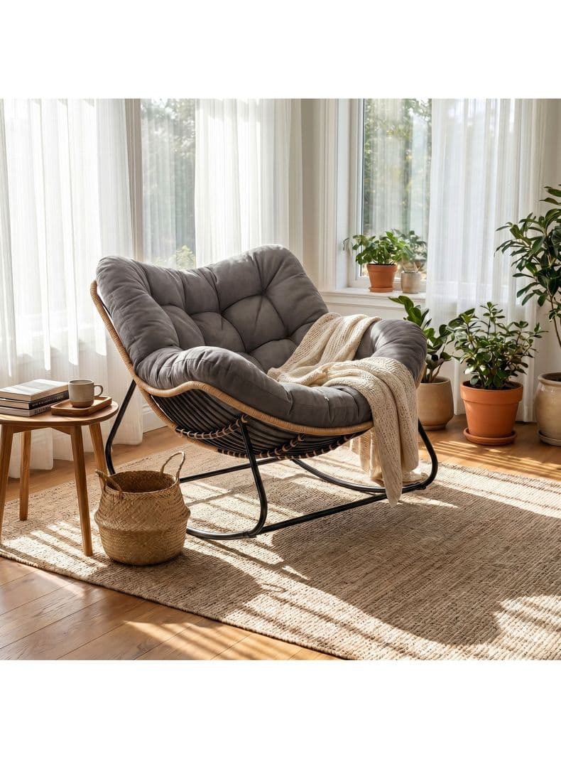 Sillon Mecedor Silla Mecedora Sitial Moderna Talla Xl Gris Oscuro Liso