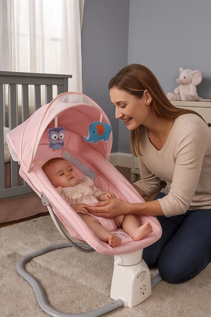 Cuna Bebe Mecedor Electrico 3 En 1 Musica Silla Mecedora Rosado 0/2