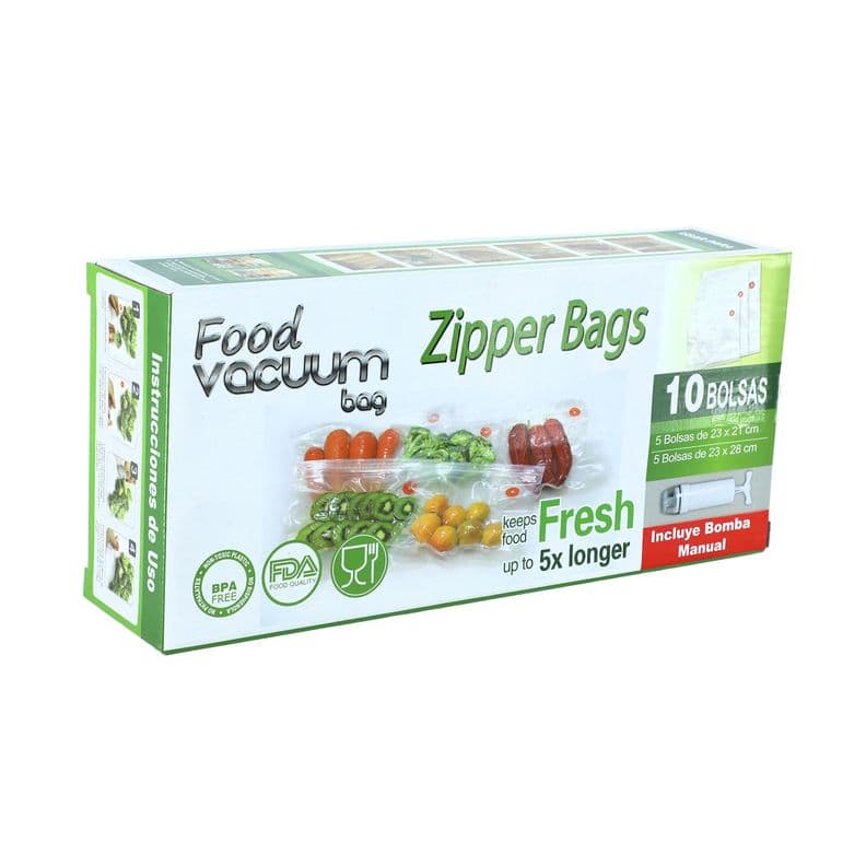 Pack 10 Bolsas al Vacio para Alimentos FVB con Bomba Extractora Transparente