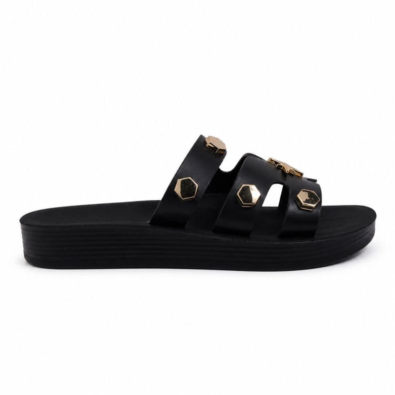 Sandalia Mujer Plataforma Baja Tachas Doradas PG6038 Negro 36