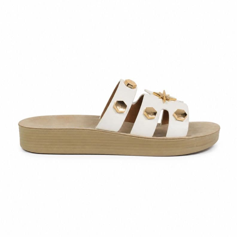 Sandalia Mujer Plataforma Baja Tachas Doradas PG6038 Blanco 35