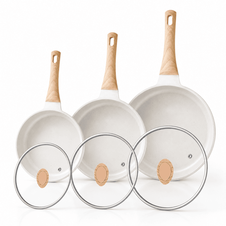 Set de Sartenes Antiadherentes Blancos con Tapas de Vidrio Blanco