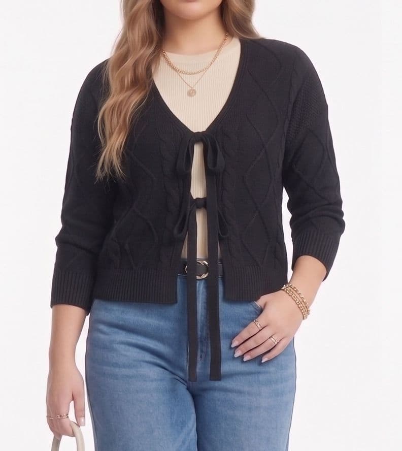 Cardigan Mujer Tejido Trenzado Corto Con Lazos Casual Negro S-M