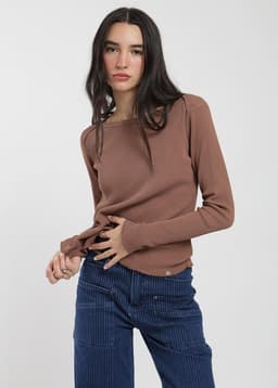 Polera Manga Larga Algodon Waffle Mujer Cafe L