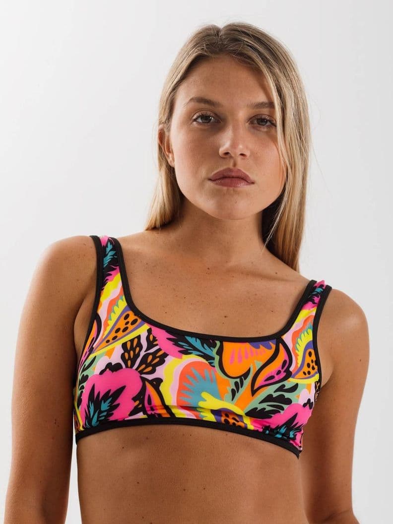 Top de Bikini Daikiri Mujer Deportivo Ajustable Flores Negro Fluor Filtro UV50+ L