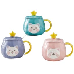 Taza Tazon Mug Gato Gatito Con Tapa y Cuchara Rosa Rosado