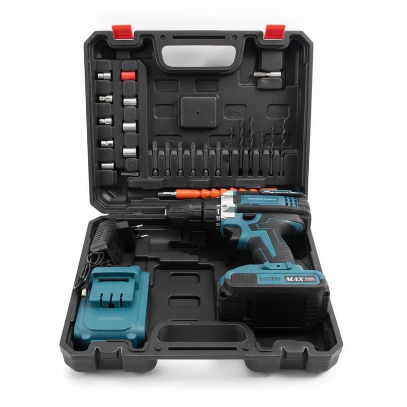 Taladro Inalambrico Tasbel 10mm 2 Baterias Maleta 27Pzas