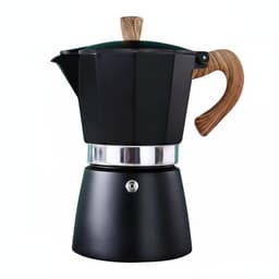 Cafetera Moka 6 Tazas Negra Acero Mango Madera Negro