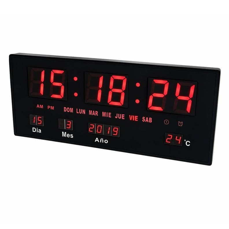 Reloj Digital Pared Luz Led Hora Fecha Temperatura 36x15cm Negro
