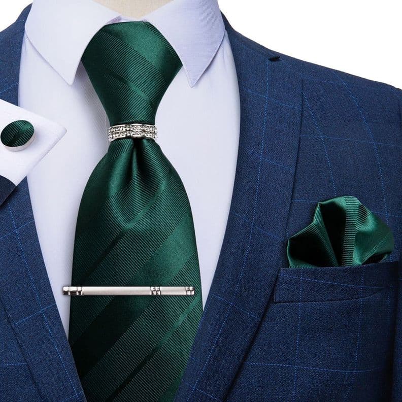 Corbata Hombre Seda + Clip sujetador, anillo, pano, colleras en caja Verde Esmeralda