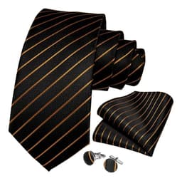 Corbata Seda Hombres, Pano Y Colleras. Modelo Black Copper Negro Rayas 150 Cm