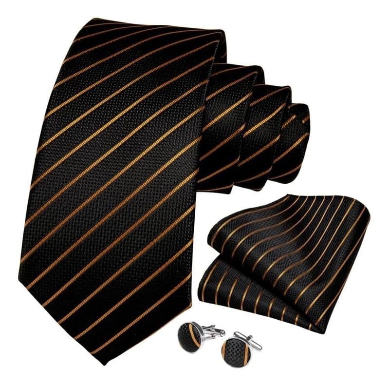 Corbata Seda Hombres, Pano Y Colleras. Modelo Black Copper Negro Rayas 150 Cm