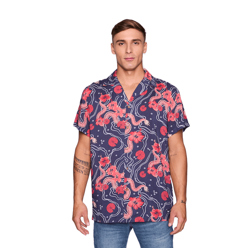 Camisa Reef Men Azul Dragones Rojos y Flores L