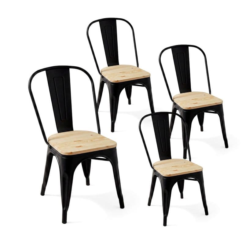 Pack 4 Sillas Comedor Terraza Exterior Tolix Metal Madera Natural Apilables Industrial Negras Negro