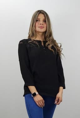 Blusa aplicacion crochet manga 3/4 Negro S