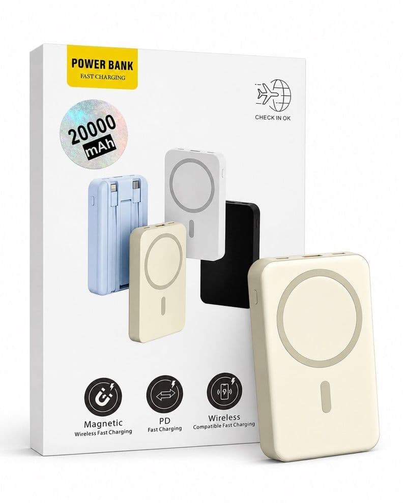 Power Bank Magnetico 20 000 mAh con Cables Integrados Carga Rapida y Wireless Blanco/Negro