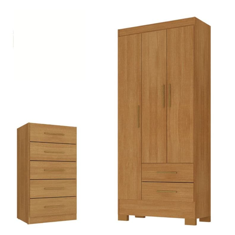 Combo Closet 3 puertas 2 cajones y Comoda 5 cajones color Cafe Canela
