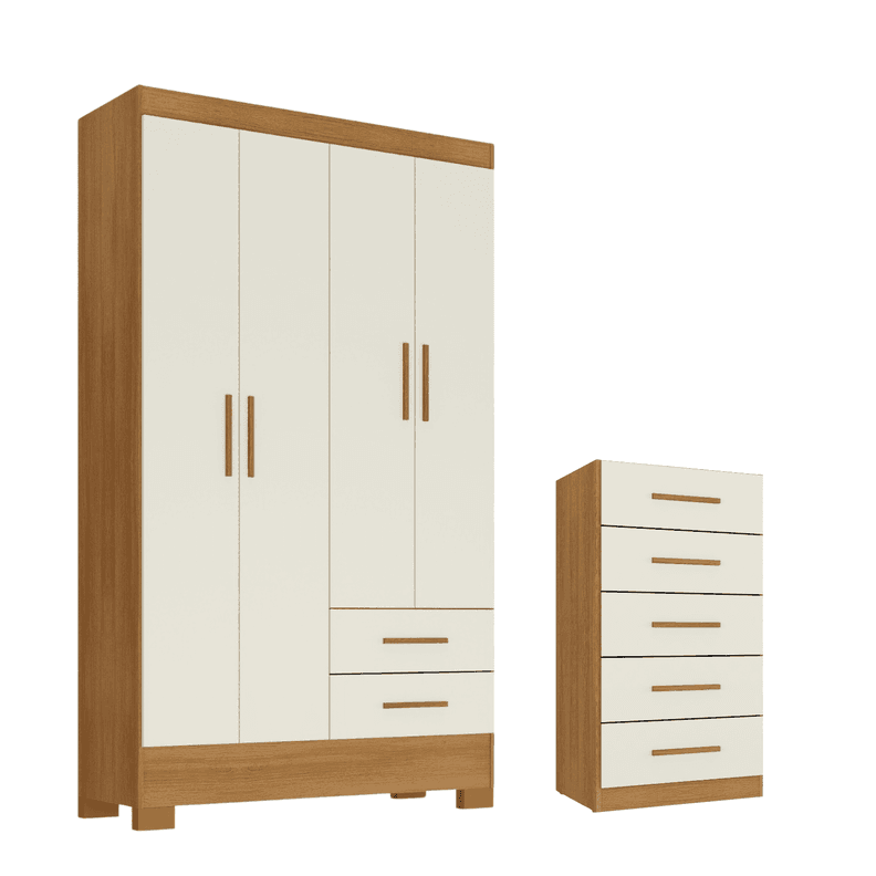 Combo Closet 4 puertas 2 cajones y Comoda 5 cajones color Cafe Blanco Offwhite Blanco Invierno