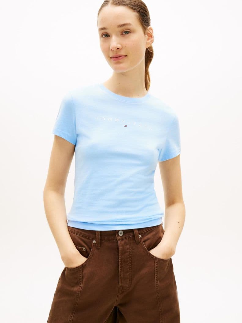 Polera Linear Con Logo Slim Fit Celeste S