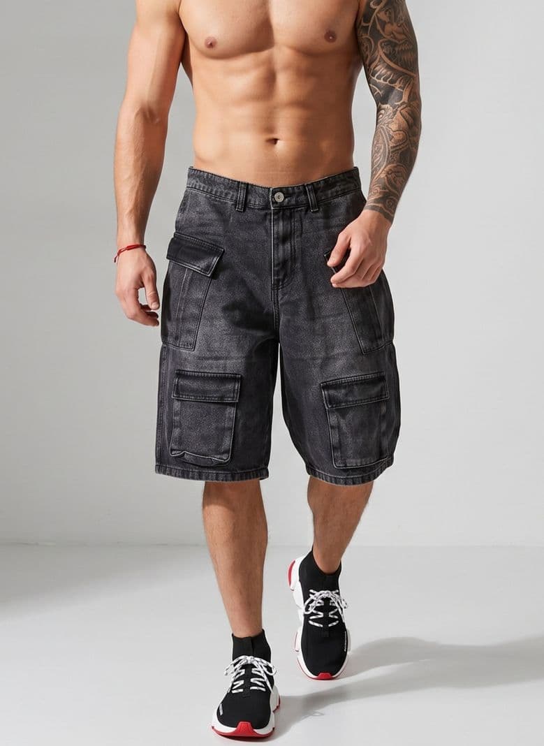 Short Bermuda Denim Cargo Relaxed Fit Hombre Hawai Negro 48