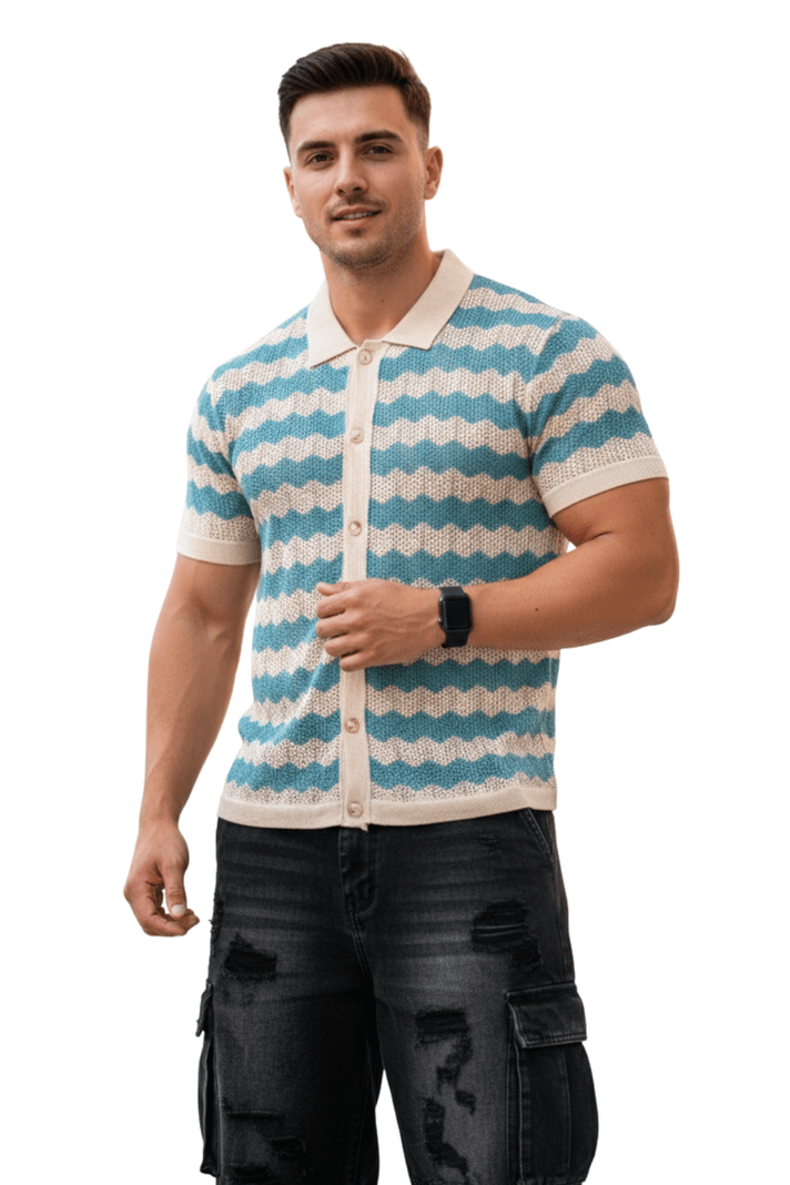 Camisa Tejida Hombre Wave Celeste L