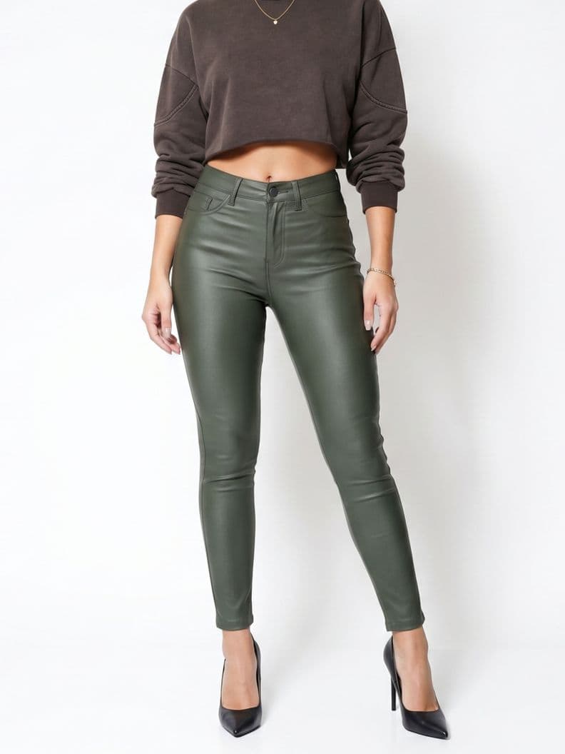 Pantalon Ecocuero Pu Tiro Alto Mujer Verde 42