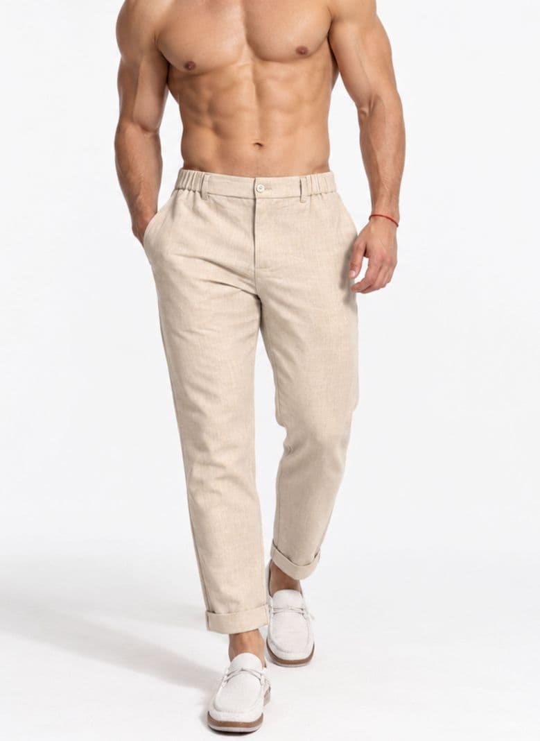 Pantalon Lino Hombre Semi Formal Semi Recto Santorini Beige M