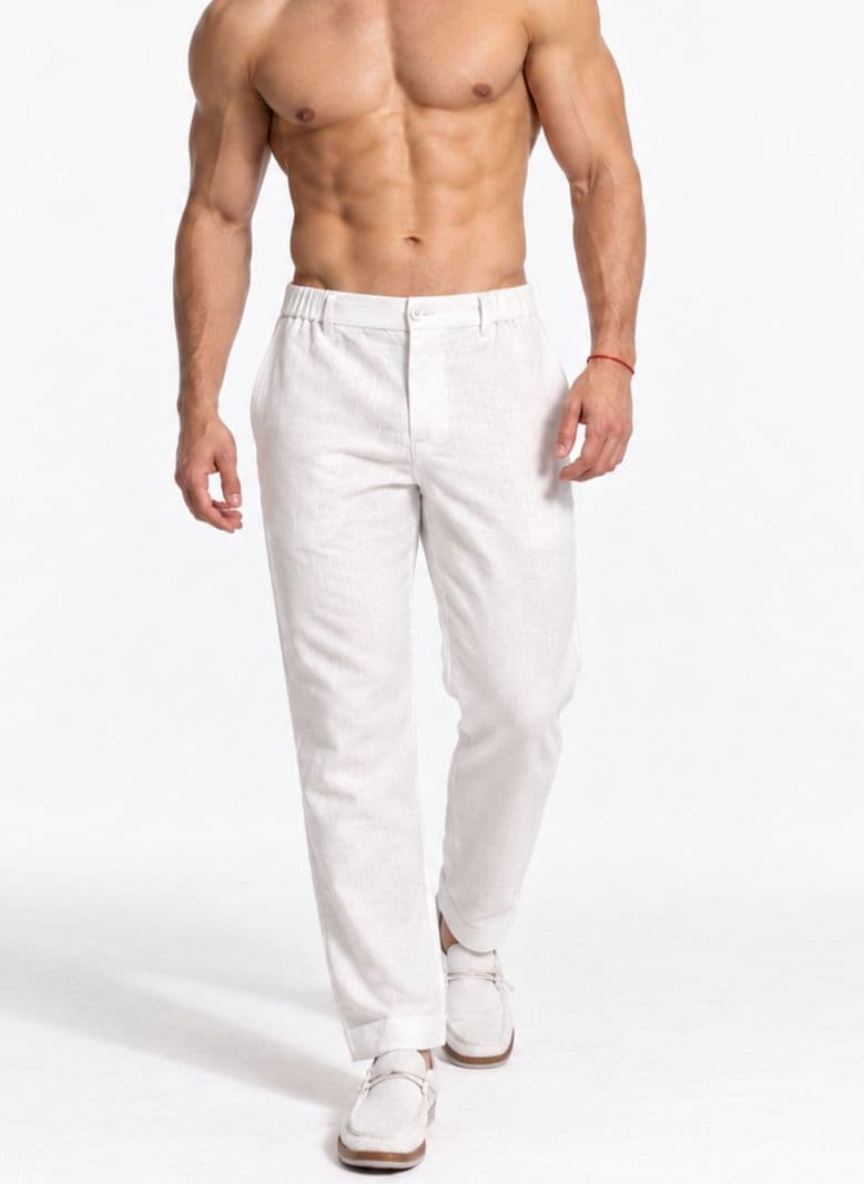 Pantalon Lino Hombre Semi Formal Semi Recto Santorini Blanco S