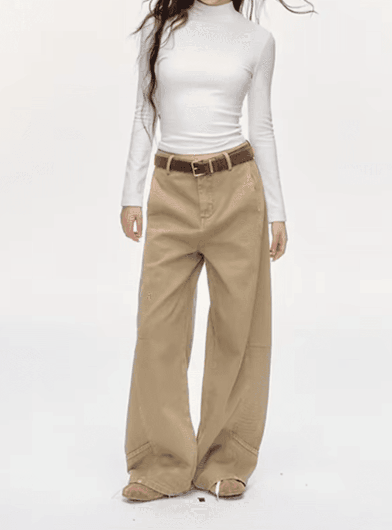 Pantalones Vaqueros Caqui de Cintura Alta Beige M