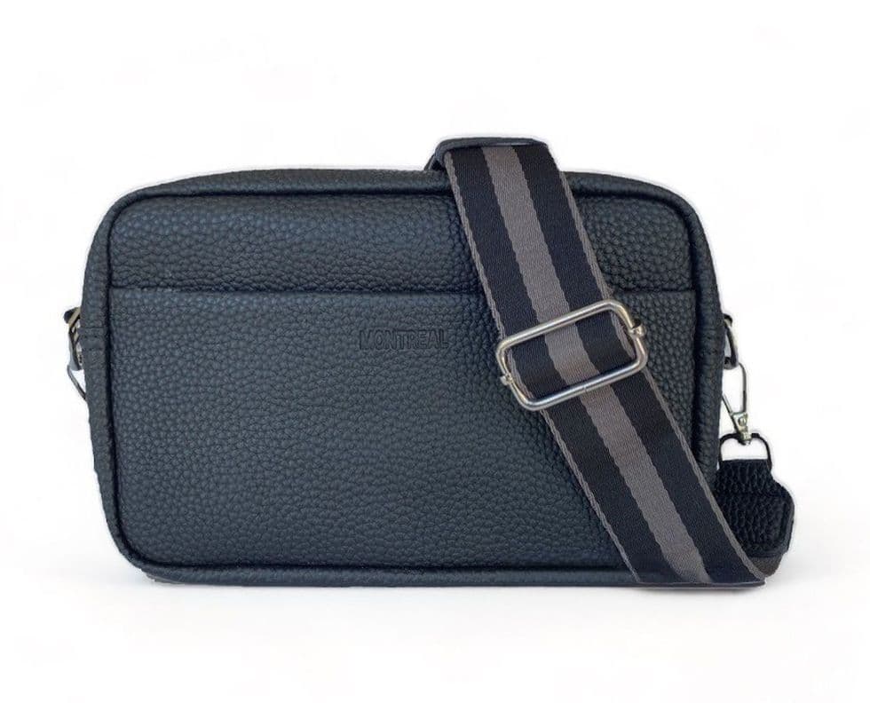 Bandolera, Cartera Cuero Sintetico, Crossbody con Strap Rayado. Negro