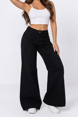 Jeans Super Wide Leg Palazzo Elasticado Push Up Levanta Cola Negro 38
