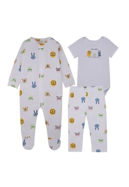 Conjunto pijama body con pantalon y poleron para recien nacido unisex Blanco 6 A 9 Meses