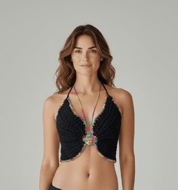 Brasil Top de bano Bikini Mujer Crochet Mariposa Negro