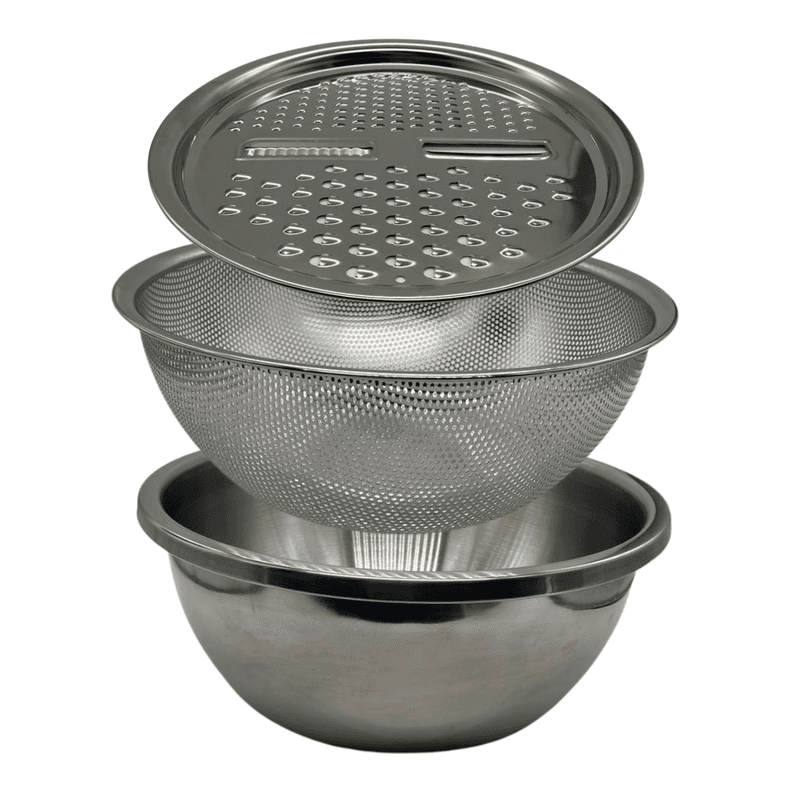 Set de 3 Piezas para Cocina Premium: Bowl, Colador y Rallador Multifuncional Plateado