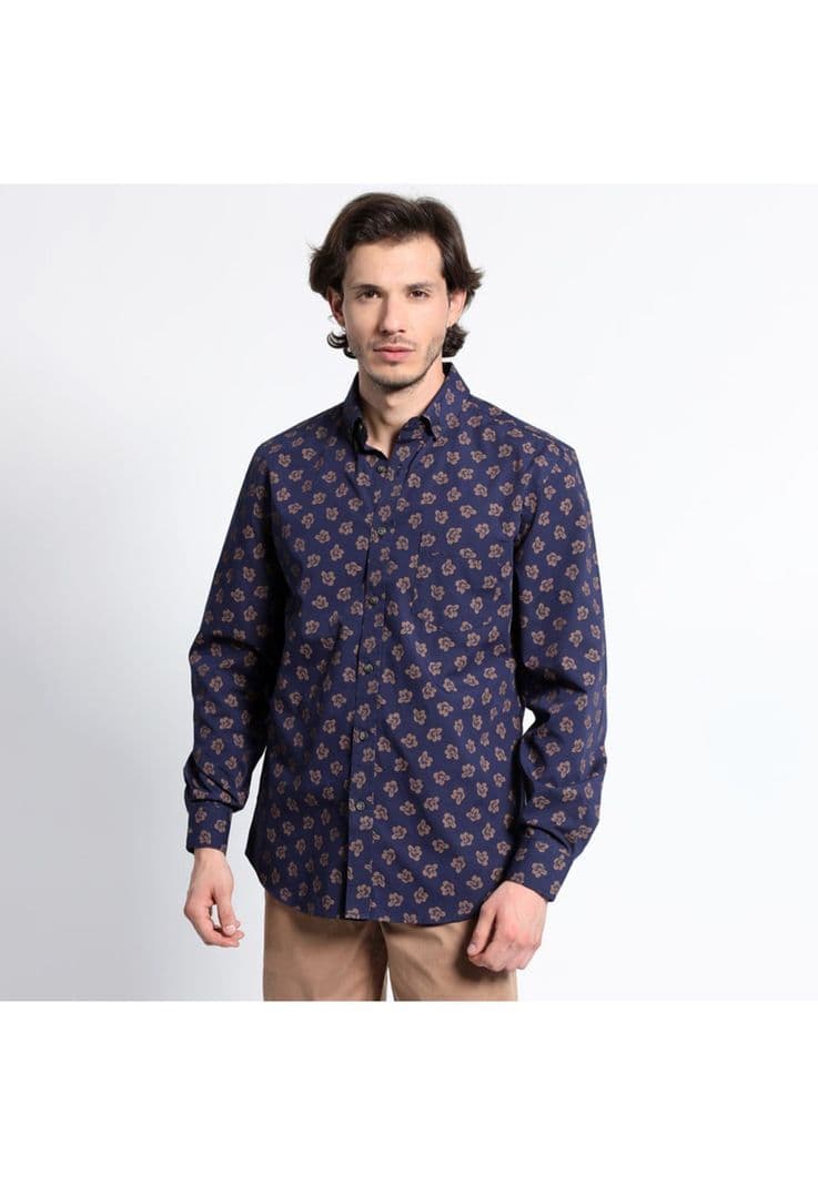 Camisa Manga Larga Estampada Microprint Azul Marino XL