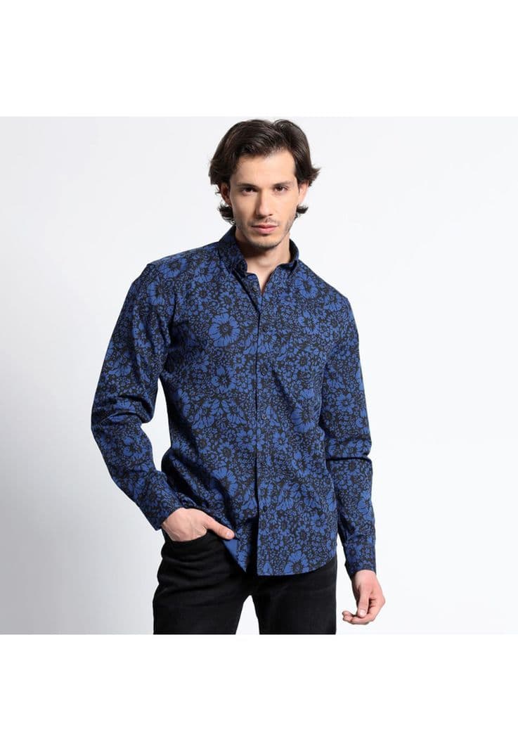 Camisa Manga Larga Estampada Full Slim Fit Azul Marino XXXL