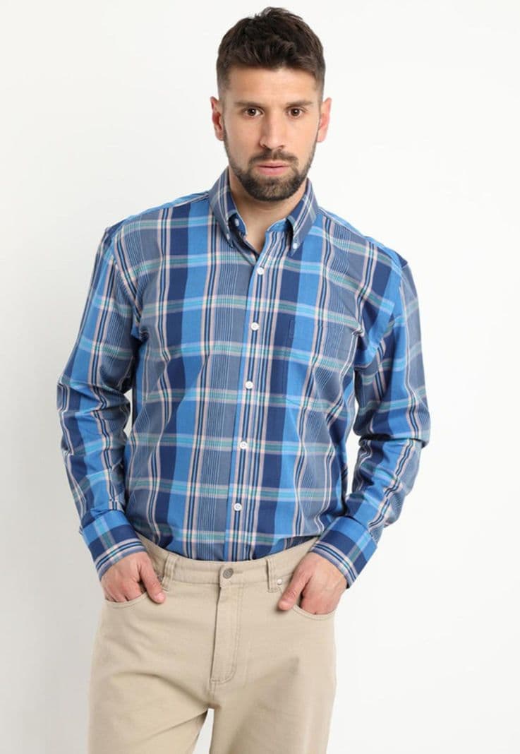 Camisa Fantasia Premium Manga Larga Boton Cuello Azul 37