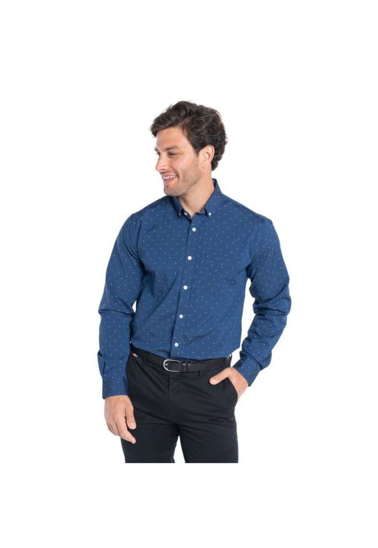 Camisa Manga Larga Oxford Estampada Hombre Azul Marino XL
