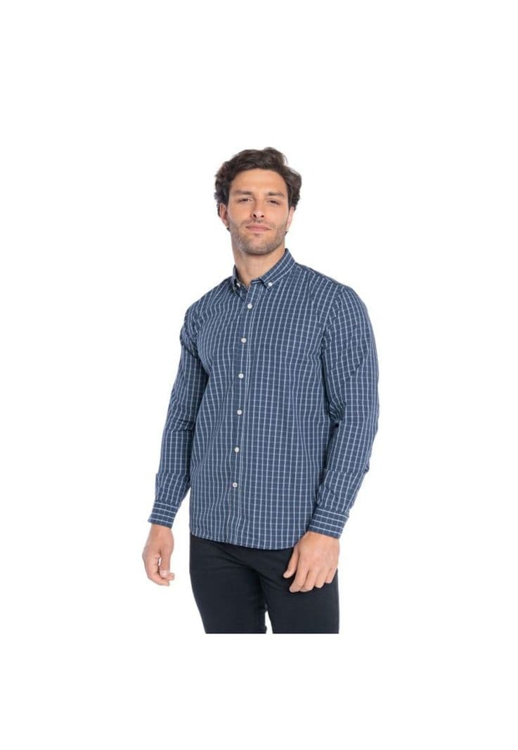 Camisa Manga Larga Cuadros Hombre Azul Marino L