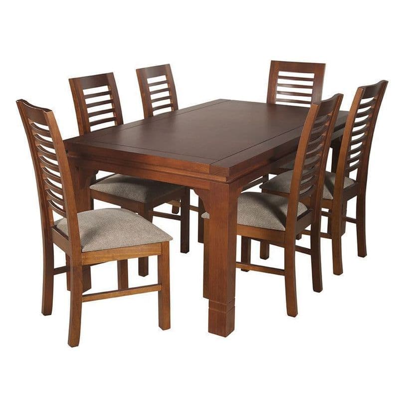 JUEGO DE COMEDOR LUCIANA RECTANGULAR 6 SILLAS MADERA COLOR MIEL TAPIZ CAFE JASPEADO