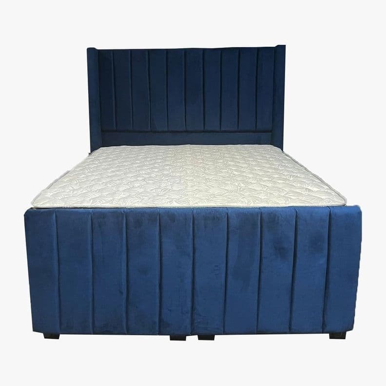 Cama Americana 2P + Colchon de resortes + Respaldo Azul Oscuro Felpa Tubular2