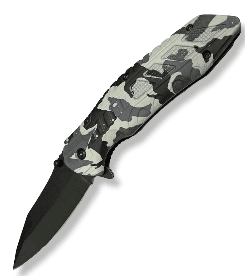 Camuflage Navaja Cortapluma Pedernal Silbato Gris AG06 Acero